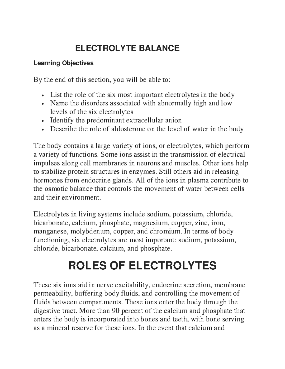 ELECTROLYTE BALANCE: Key Roles and Disorders in Human Physiology - Studocu