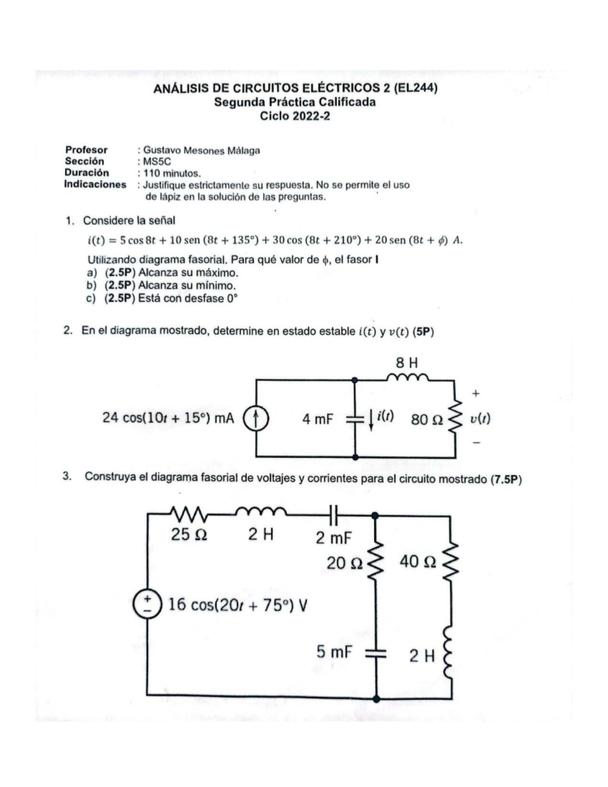 ANÁLISIS DE CIRCUITOS ELÉCTRICOS 2 (EL244) Práctica Calificada 2 - Studocu