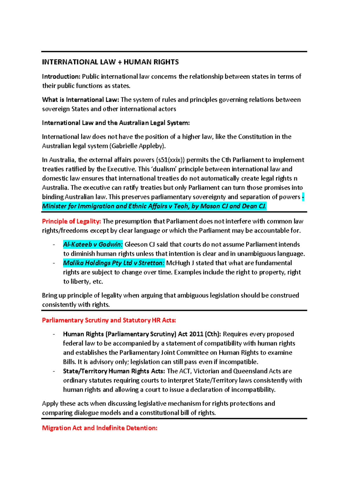 Human Rights Notes: International Law & Australian Legal System - Studocu