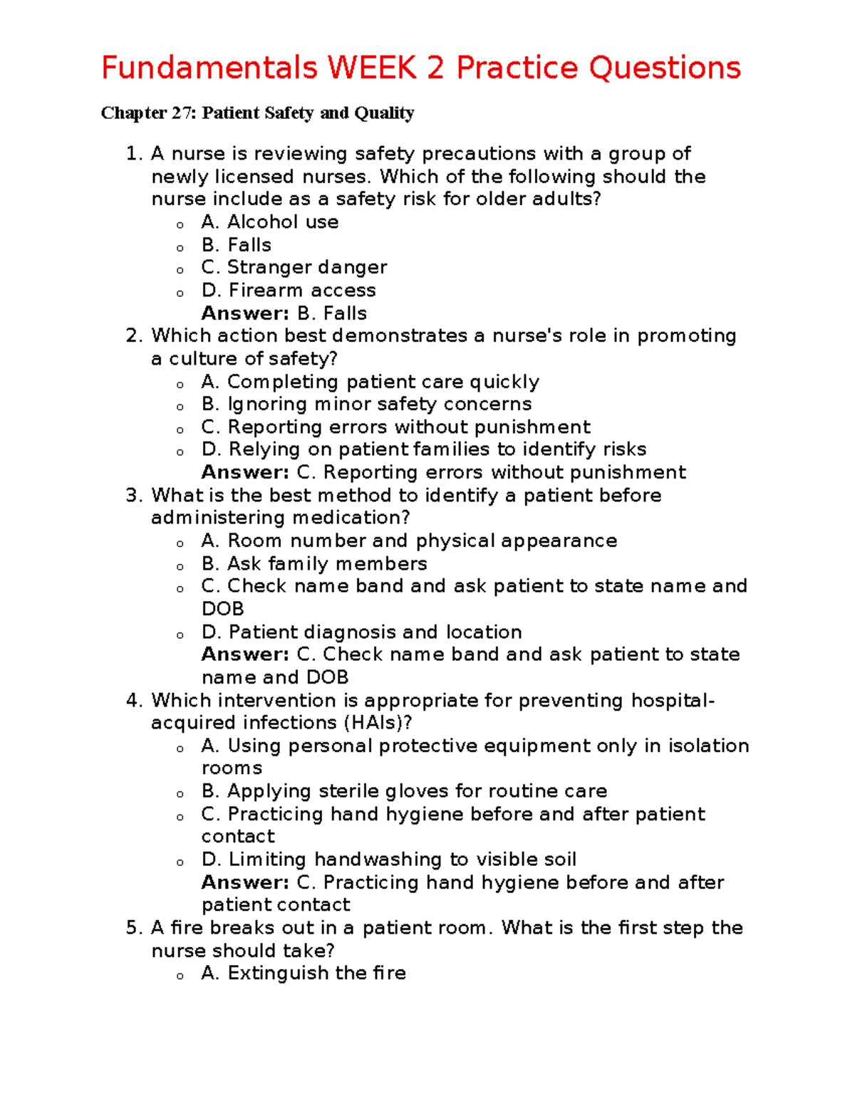 Fundamentals NUR 101 WEEK 2 Practice Questions on Patient Safety and ...