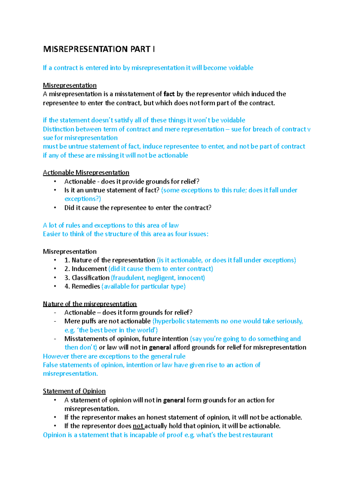 Misrepresentation Notes - MISREPRESENTATION PART I If a contract is ...