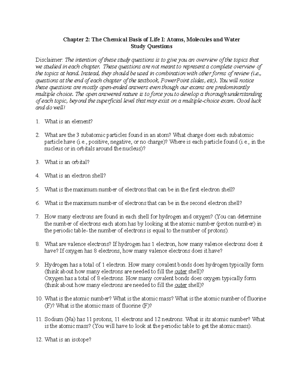 Chapter 2 - The Chemical Basis of Life I: Key Study Questions - Studocu