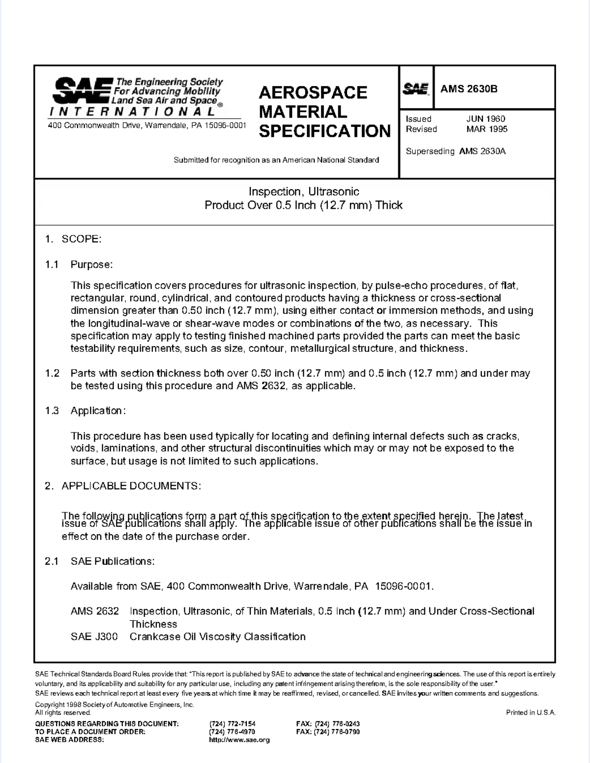 AMS2630B - AMS 2630 - SAE Technical Standards Board Rules provide that ...
