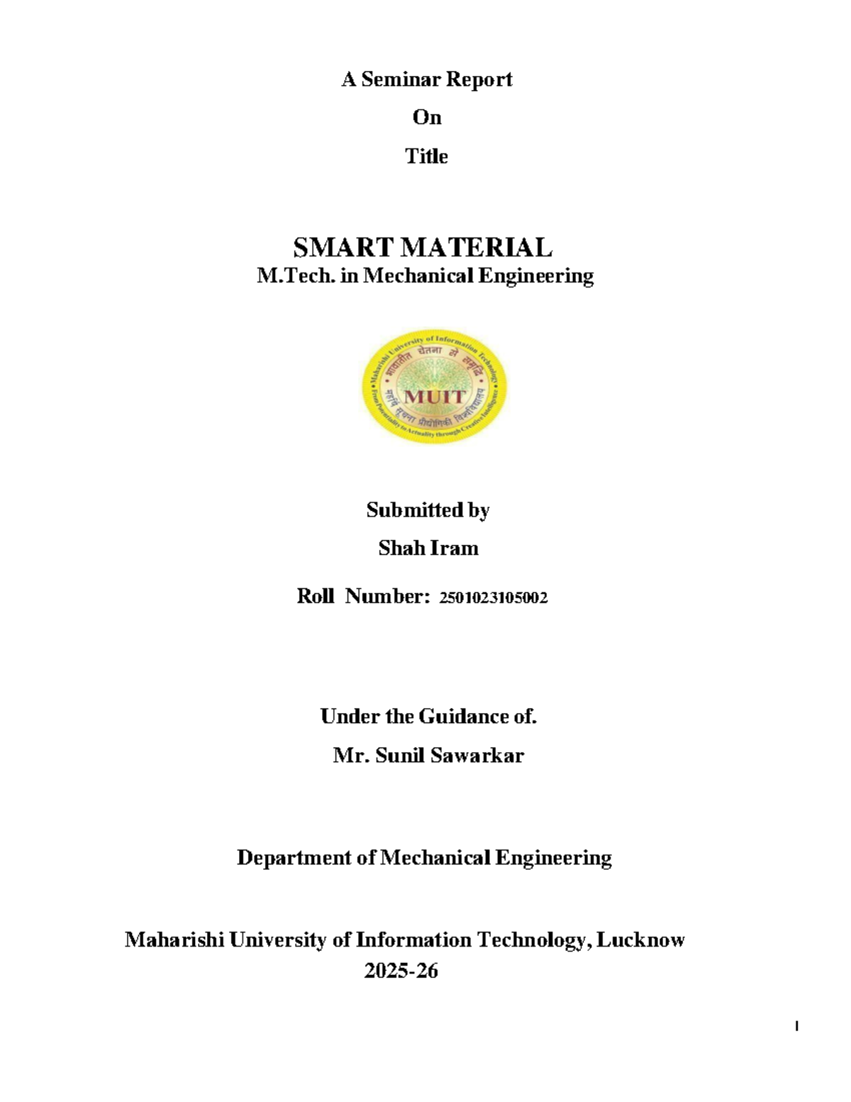M.Tech Seminar Report: Smart Materials in Mechanical Engineering - Studocu