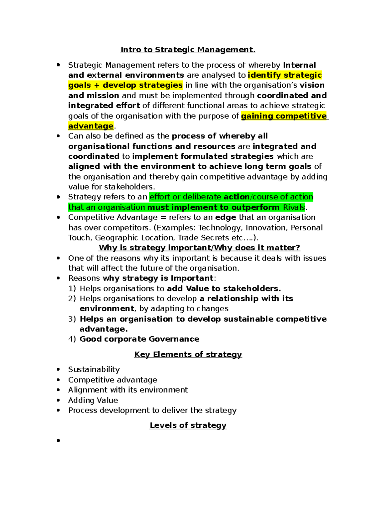 Strategic Management Overview: Key Concepts and Importance - Studocu