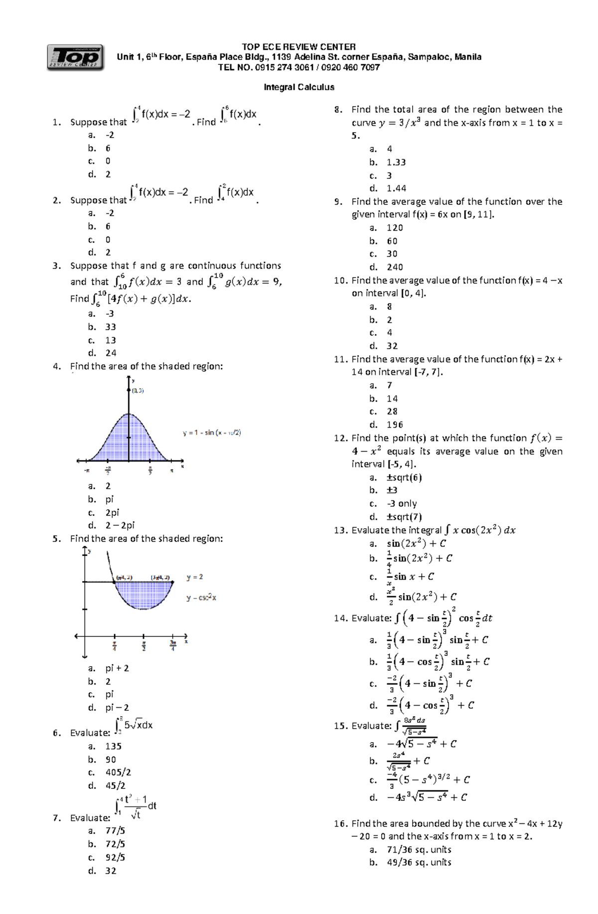 Integral Calculus 1 - Test Review and Practice Questions - Studocu