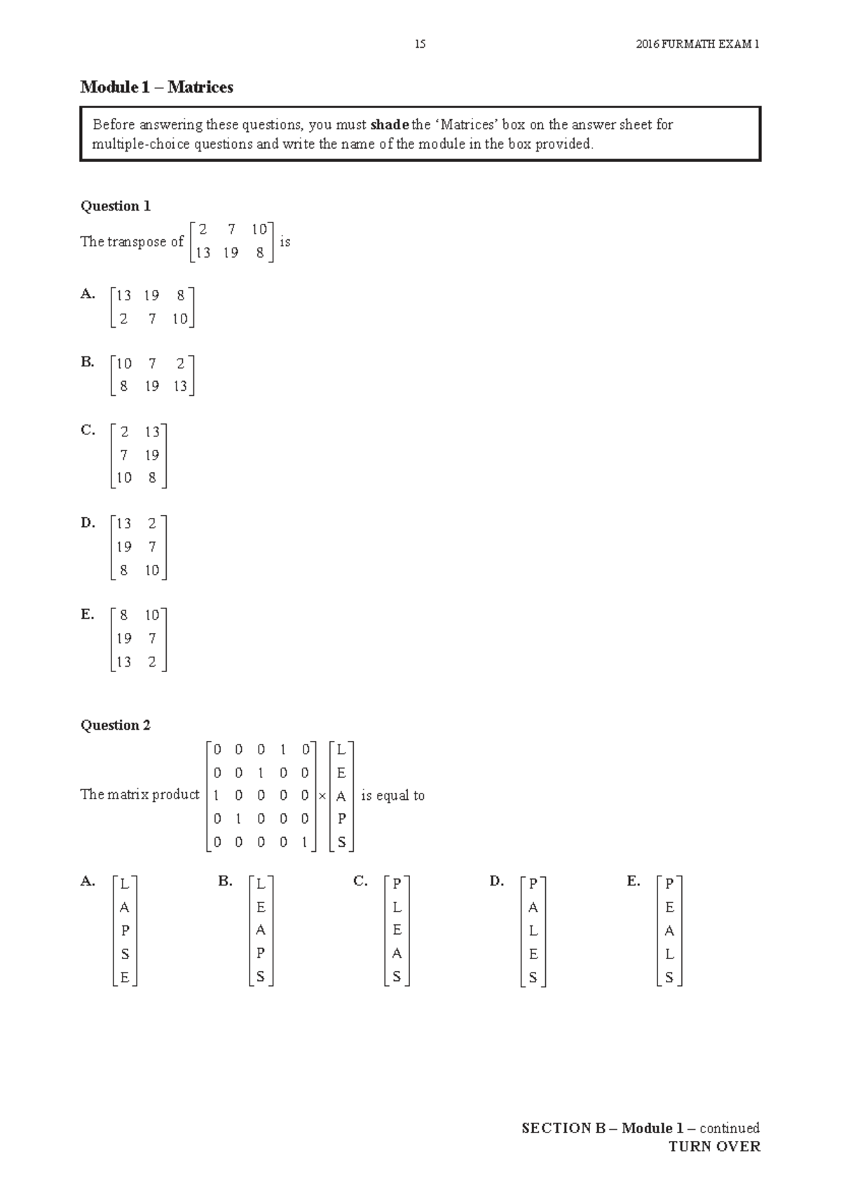 2016 FURMATH EXAM 1: Matrices Questions and Solutions - Studocu