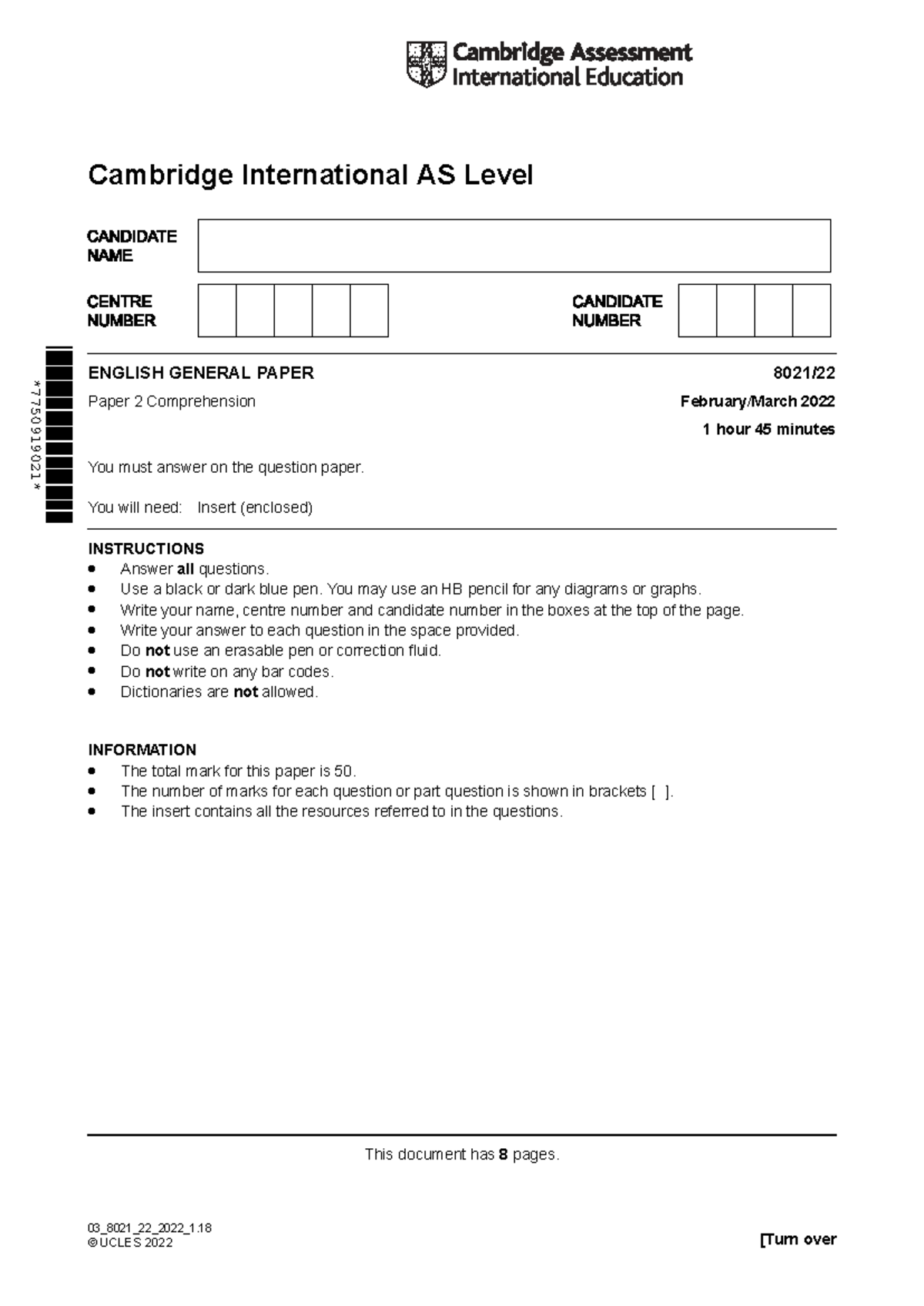 Cambridge International AS Level 8021/22 General Paper Paper 2 ...