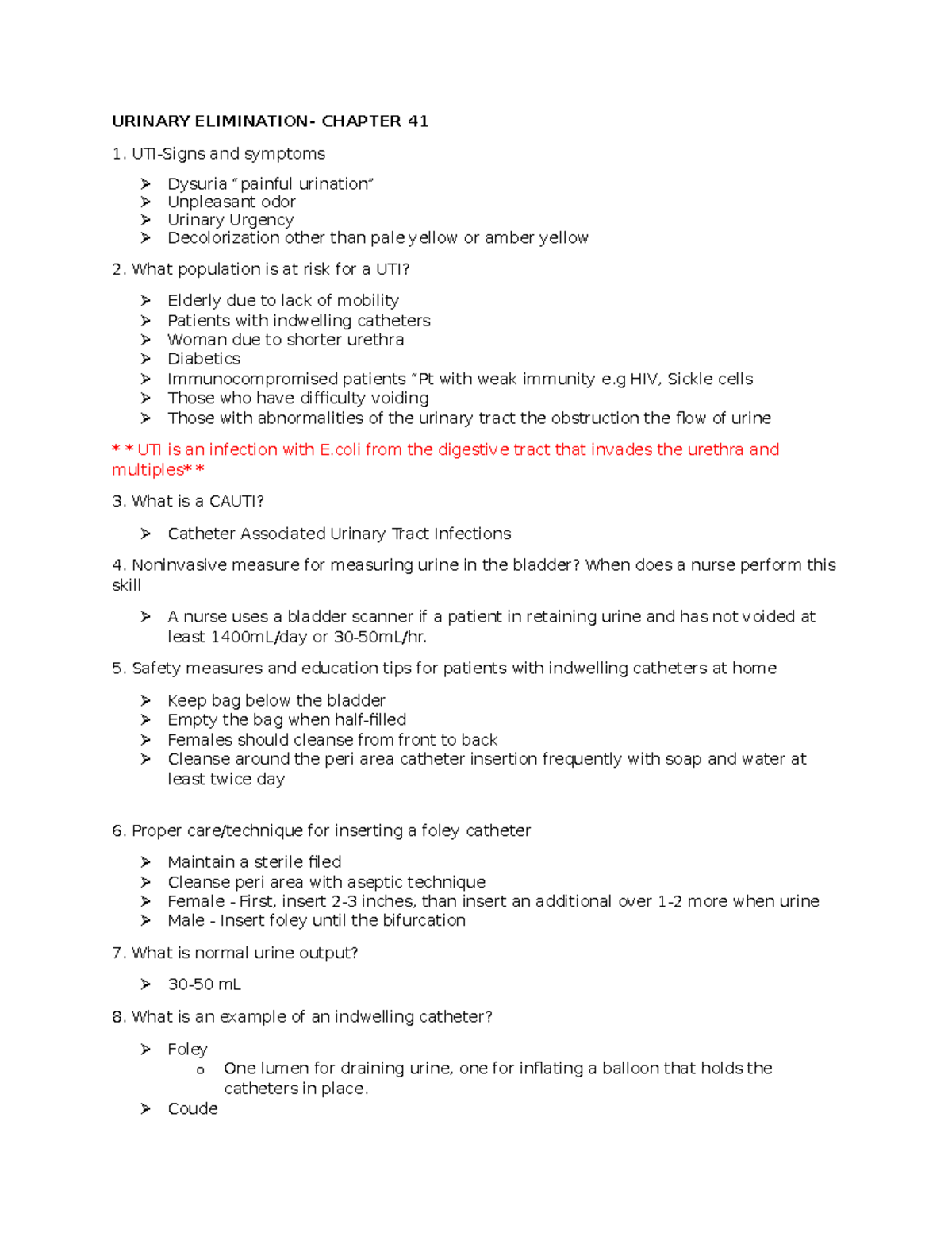 Exam 3 Areas of focus fundamental - URINARY ELIMINATION- CHAPTER 41 UTI ...