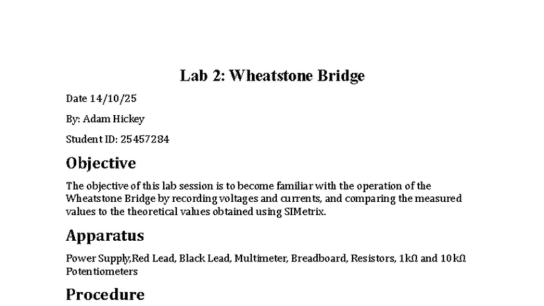 LAB 78 WF4912: Wheatstone Bridge Experiment Analysis - Studocu
