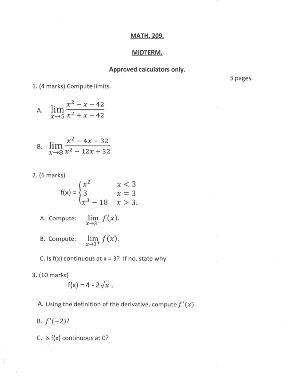 MATH 209 Midterm Exam Summer 2025: Calculator Guidelines and Problems ...