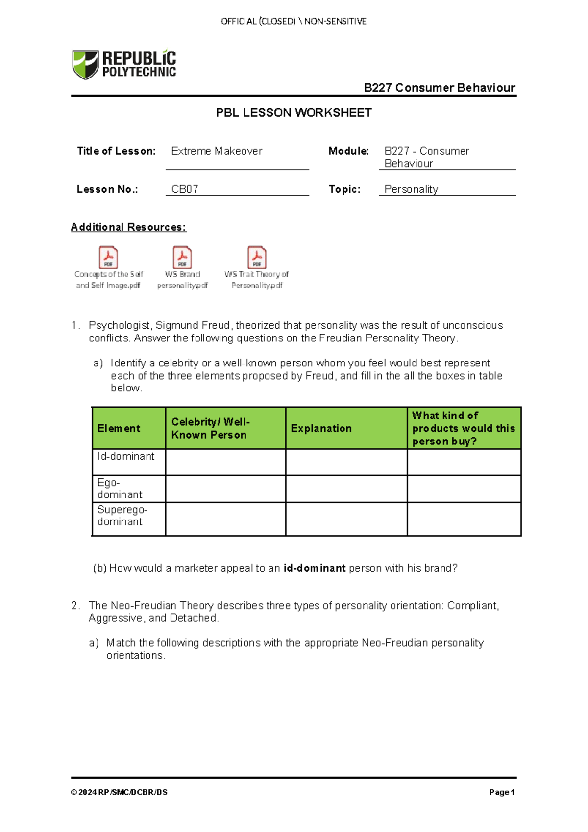 B227 L07 Worksheet - B227 Consumer Behaviour PBL LESSON WORKSHEET Title ...