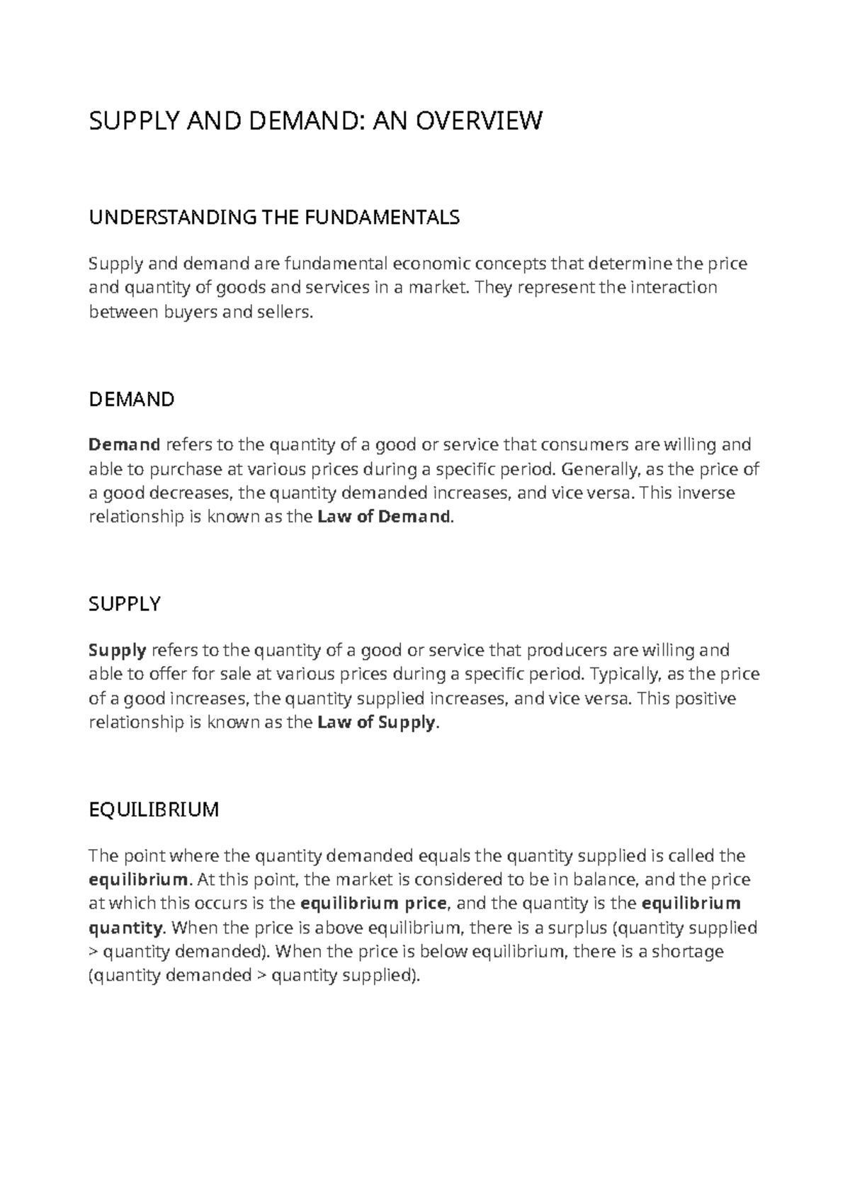ECON 101: Supply and Demand Overview - Understanding Fundamentals - Studocu