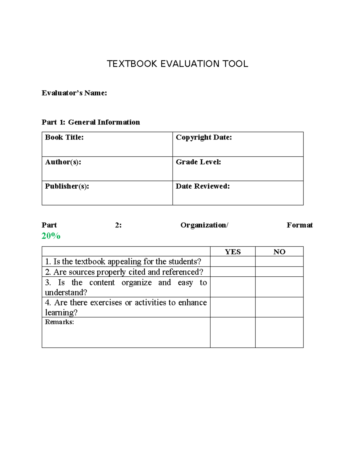 Evaluation TOOL Group 3 - TEXTBOOK EVALUATION TOOL Evaluator’s Name ...