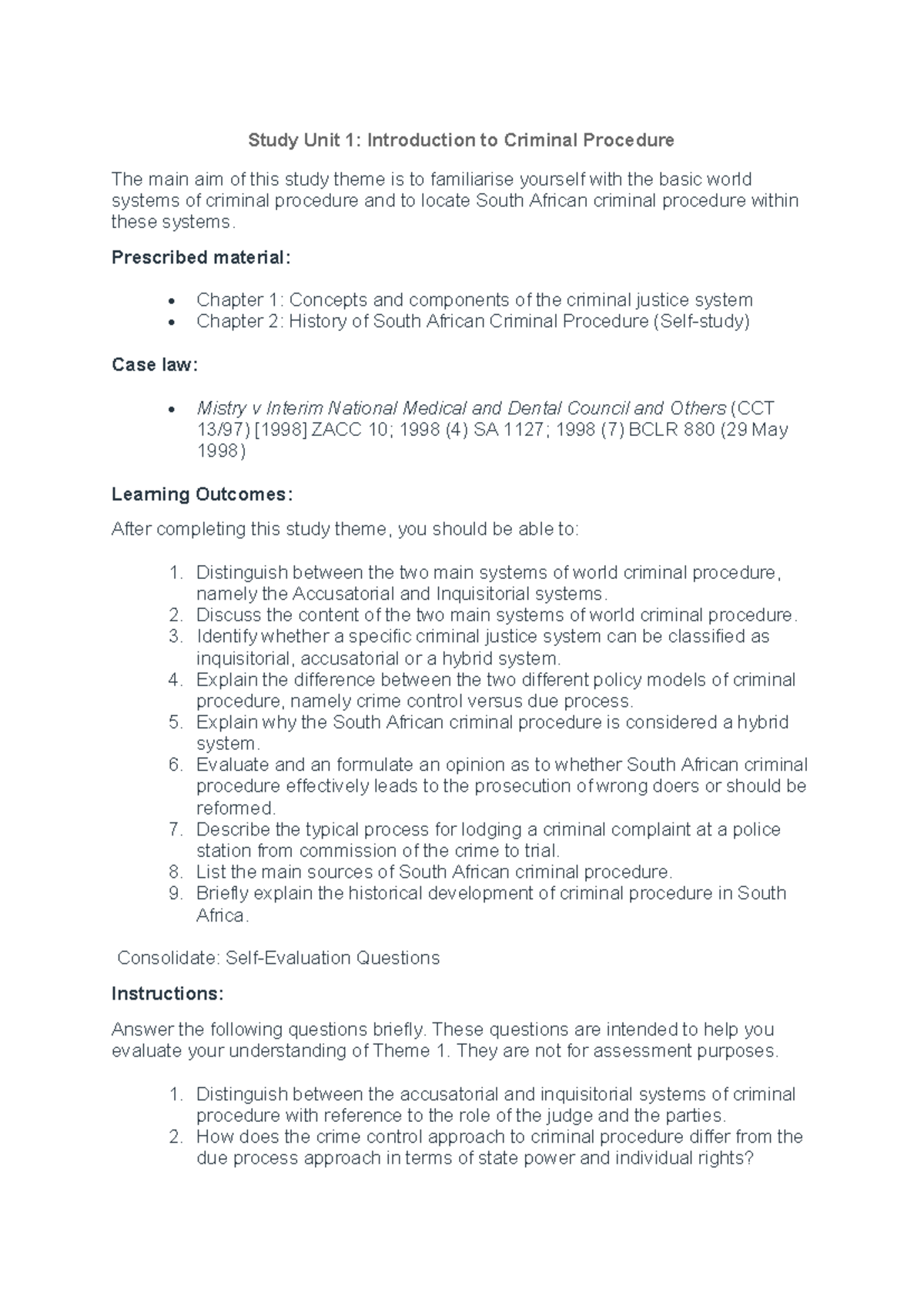 LAWS 3046A: Criminal Procedure Study Unit 1 Overview - Studocu