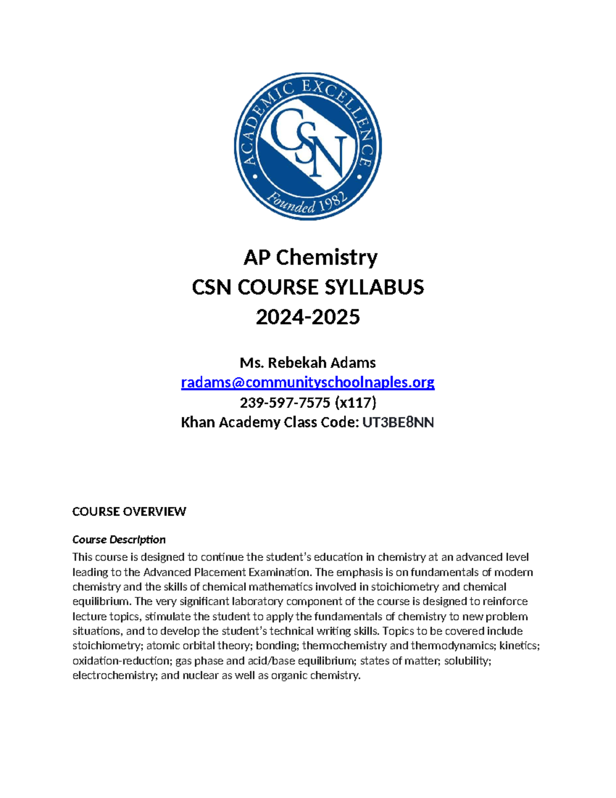 AP Chemistry Syllabus: Course Overview & Expectations (CSN) - Studocu