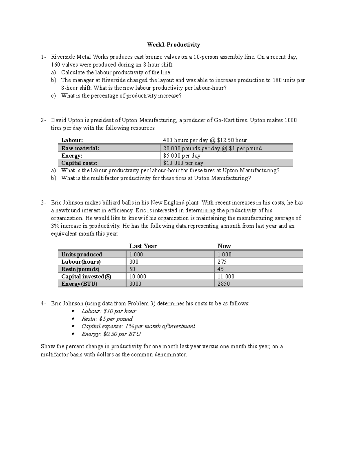 Week 1 Productivity Questions and Calculations for Manufacturing - Studocu