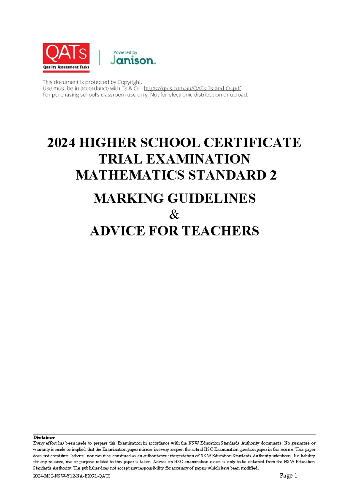 2024 HSC Trial Exam Mathematics Standard 2 Marking Guidelines for ...