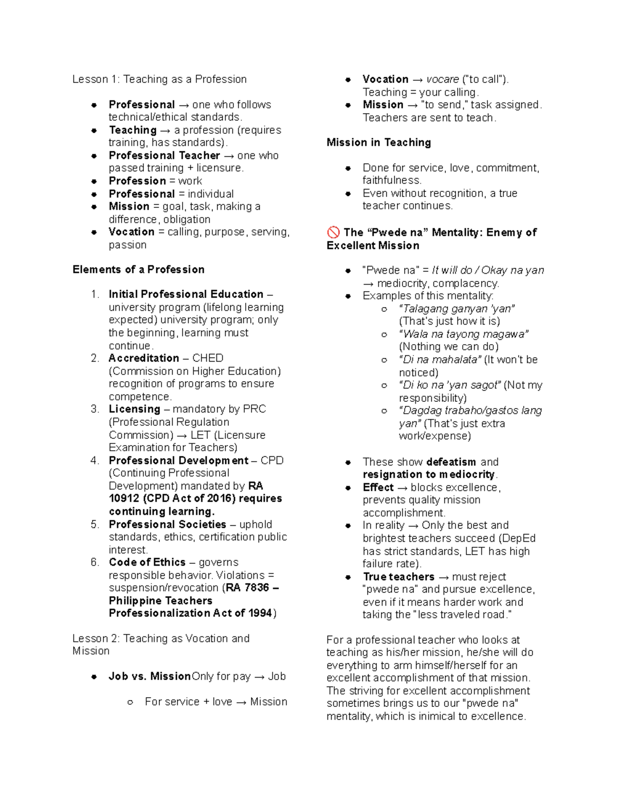 TTP-REV: Lesson 1 & 2 - Teaching as a Profession and Vocation - Studocu