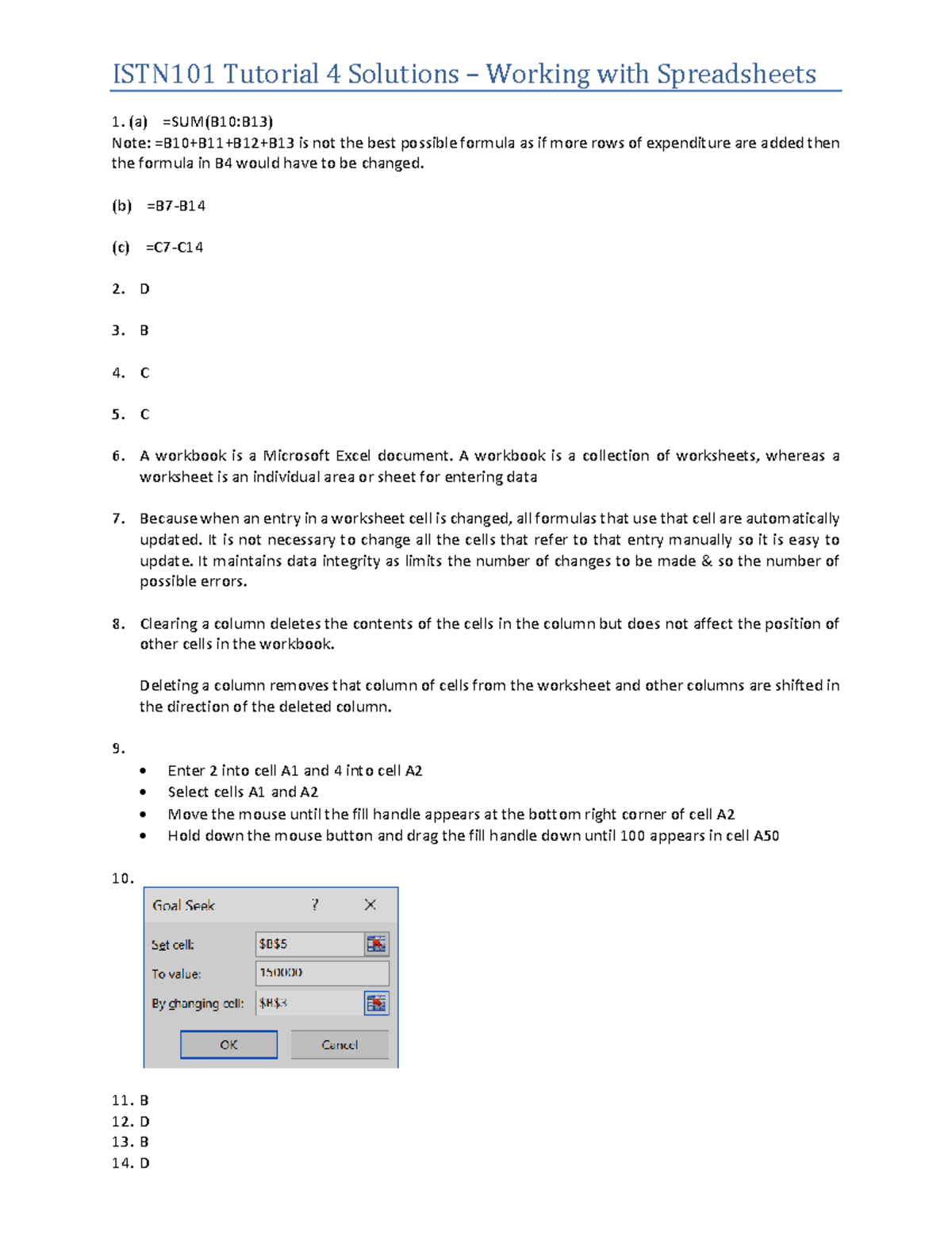 ISTN101 Tutorial 4 - Solutions for Working with Spreadsheets - Studocu