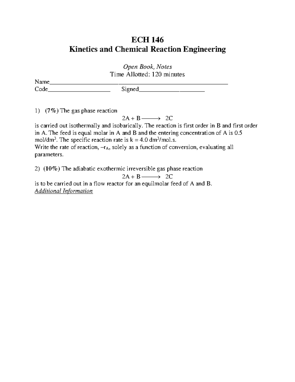 Sample/practice exam 6 May 2019, answers - ECH 146 Kinetics and ...