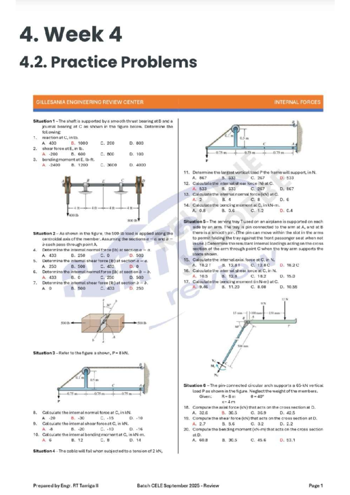 WEEK 4 - Practice Problems on Internal Forces & Shear Forces (CELE ...
