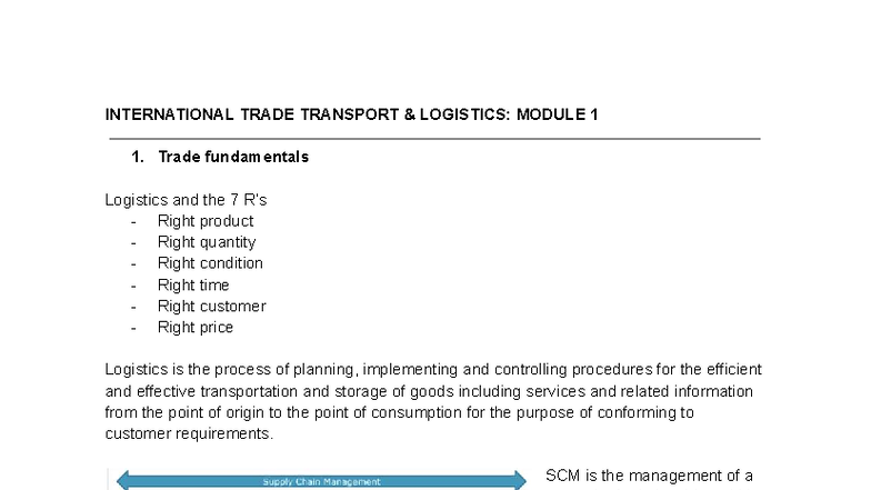 INTERNATIONAL TRADE TRANSPORT & LOGISTICS: MODULE 1 SUMMARY - Studocu