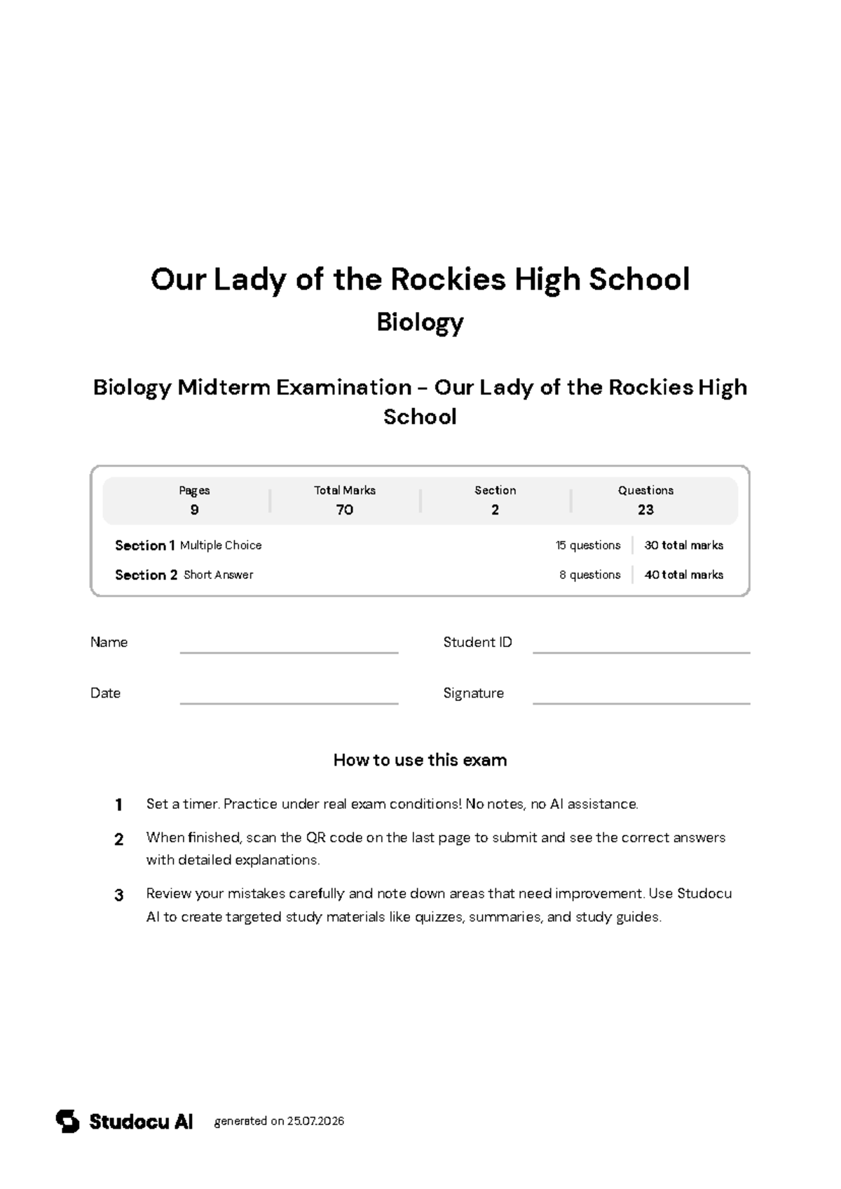 Biology Midterm Exam - Our Lady of the Rockies High School - Studocu