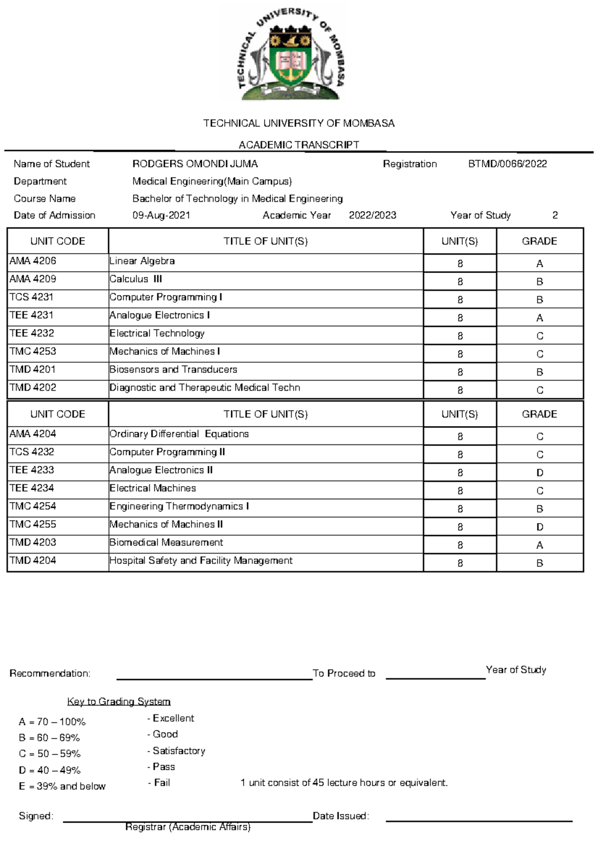 Academic Transcript Report - Bachelor of Technology in Medical Eng ...