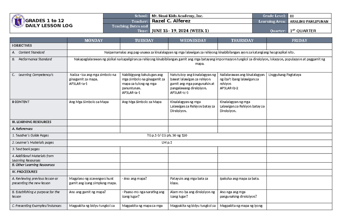 DLL Araling Panlipunan 3 Q1 W1 - GRADES 1 to 12 DAILY LESSON LOG School ...