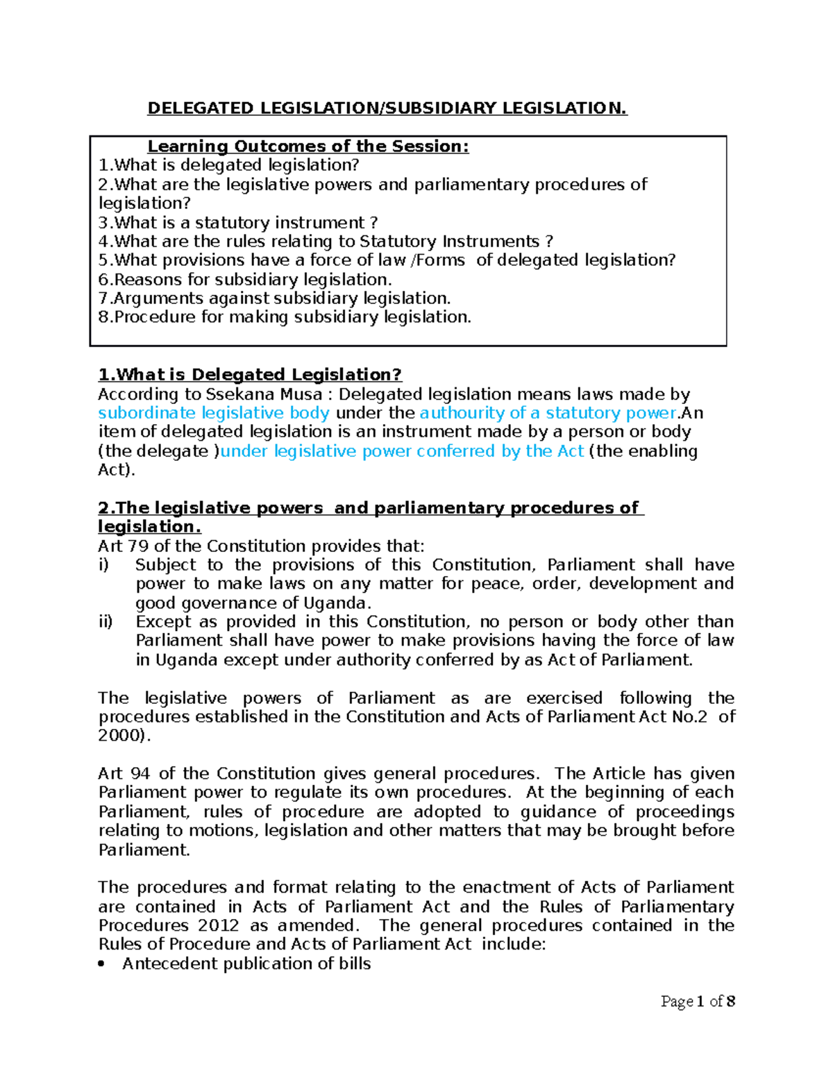 2018 Revised Study Notes on Delegated/Subsidiary Legislation - Studocu
