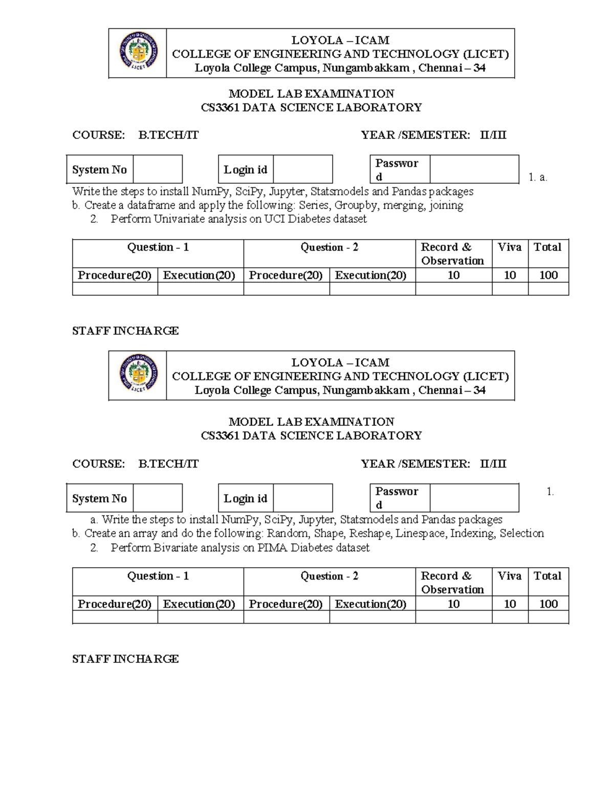 Model Lab Question bank - MODEL LAB EXAMINATION CS3361 DATA SCIENCE ...