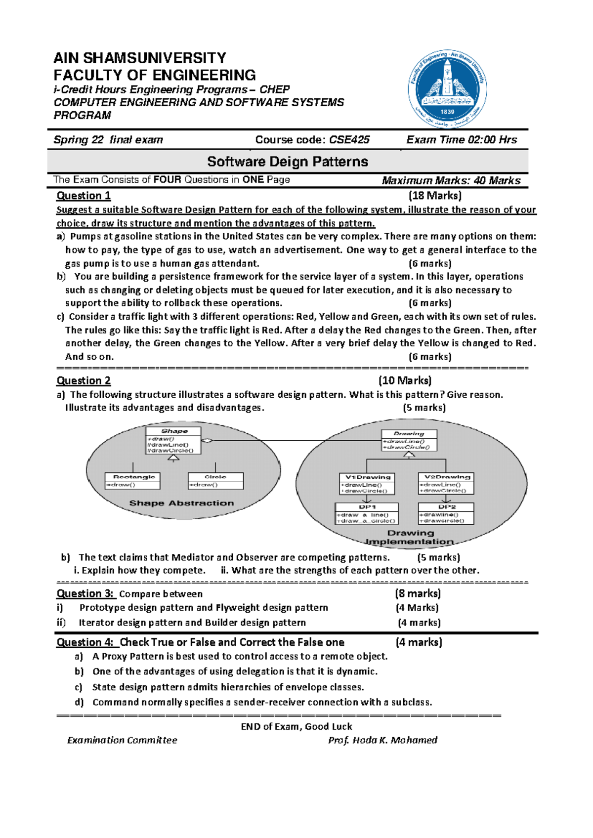 CSE425 Software Design Patterns Final Exam - Spring 2022 - Studocu