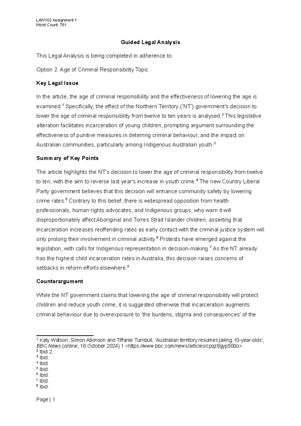 LAWS102 Assignment One - Guided Legal Analysis - Word Count: 781 Guided ...