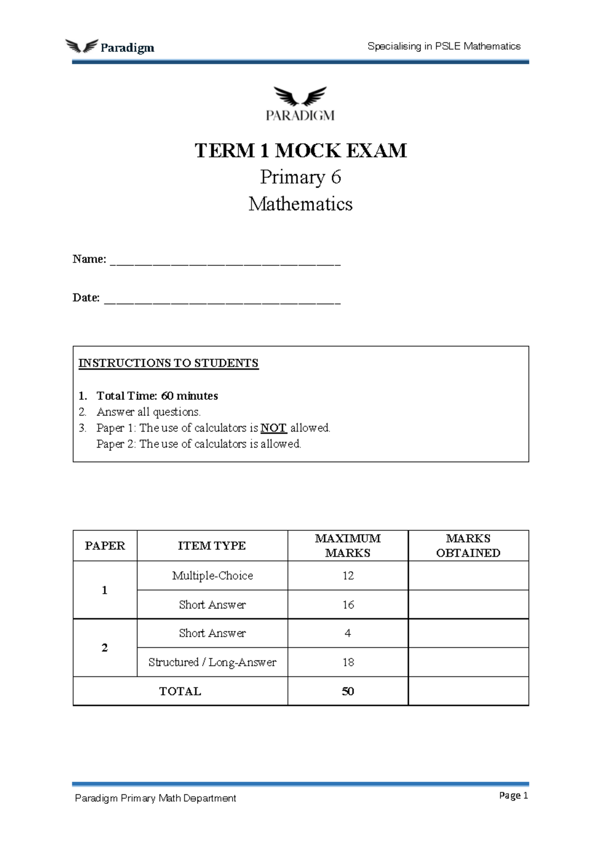 P6 PSLE Mathematics Term 1 Mock Exam Practice Paper - Studocu