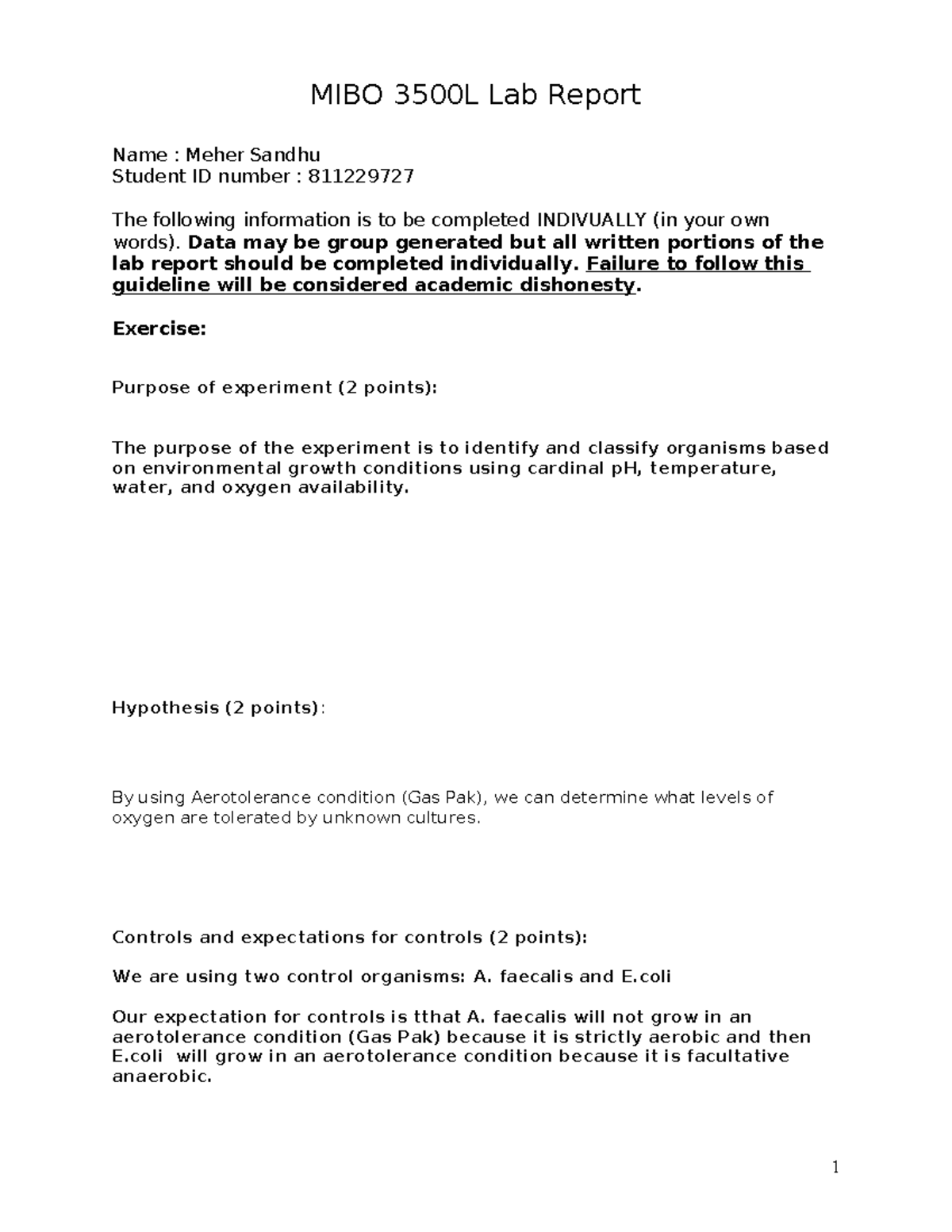 MIBO 3500L Lab Report: Experiment 3 - Organism Growth Conditions - Studocu