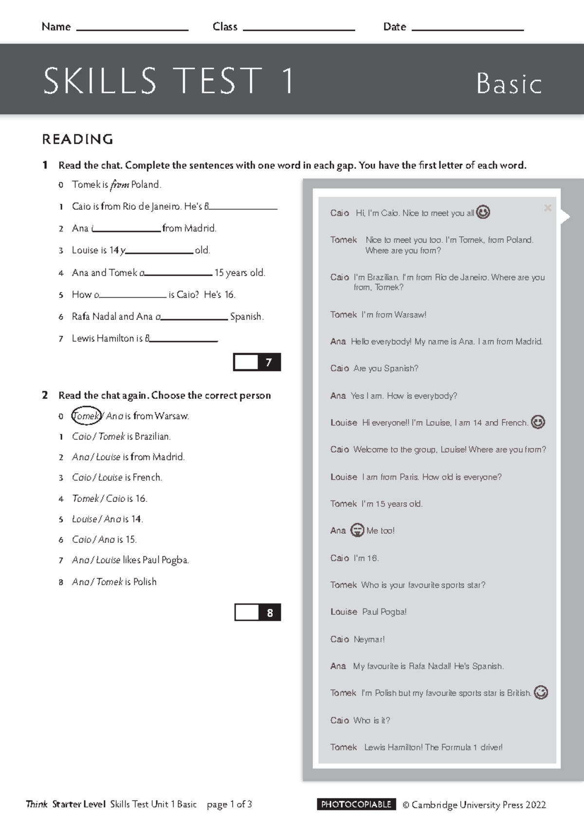 SKILLS TEST 1 Basic READING & LISTENING - Level 0 Unit 1 - Studocu
