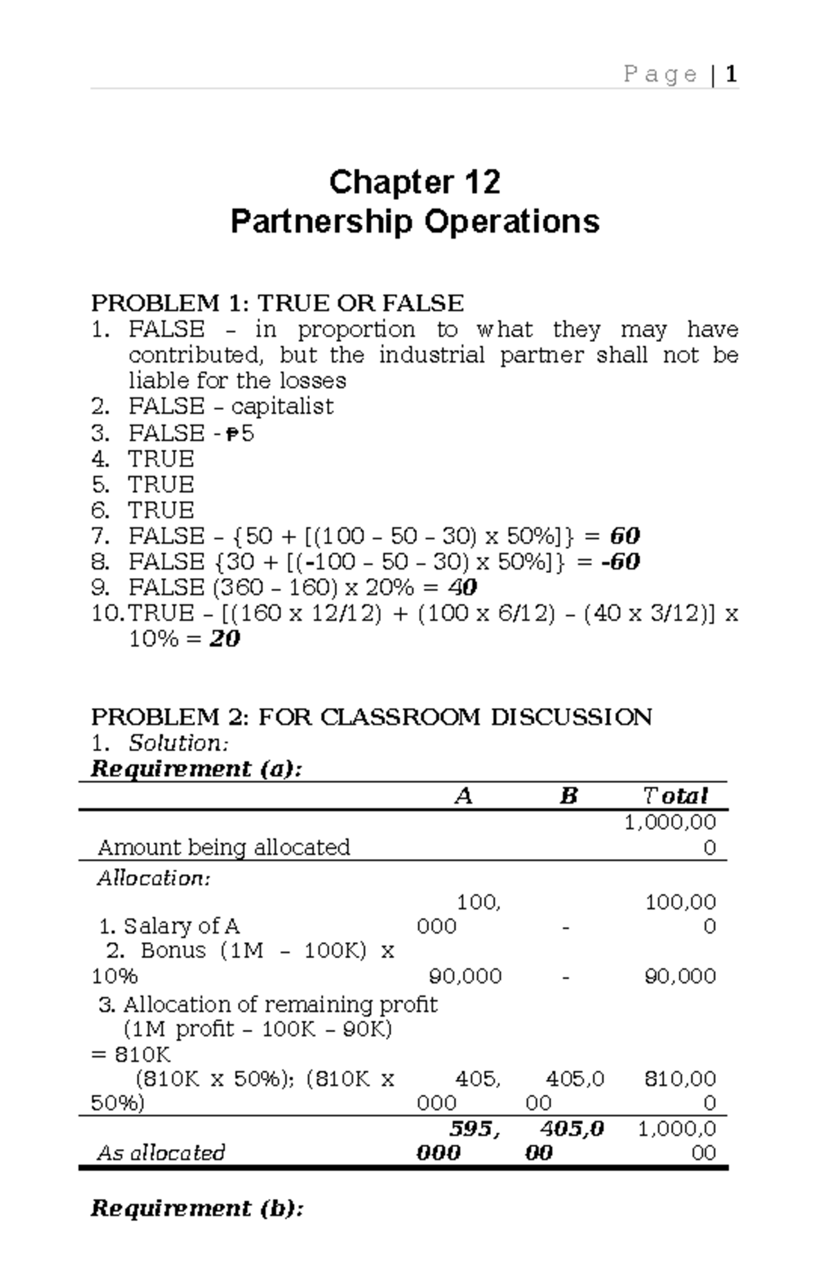 Partnership Operations Solutions: Chapter 12 Problems & Discussions ...
