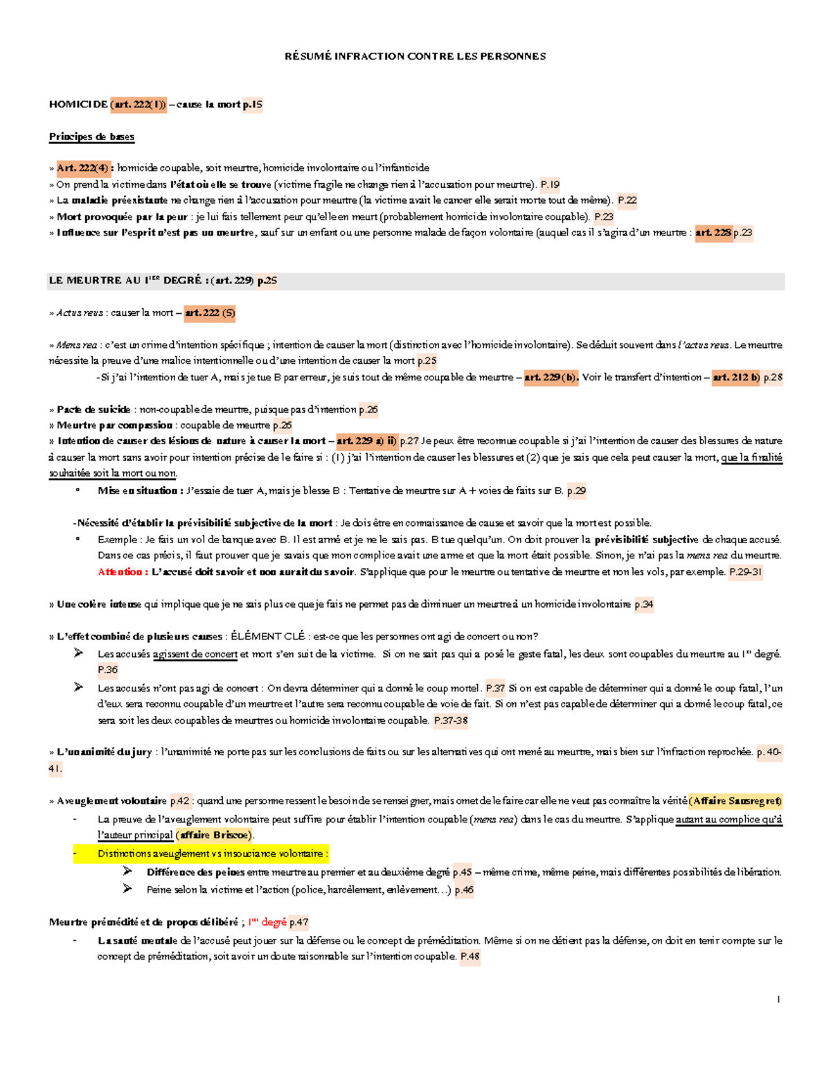 Résumé des Infractions en Droit Pénal: Homicide et Autres Crimes (Droit ...