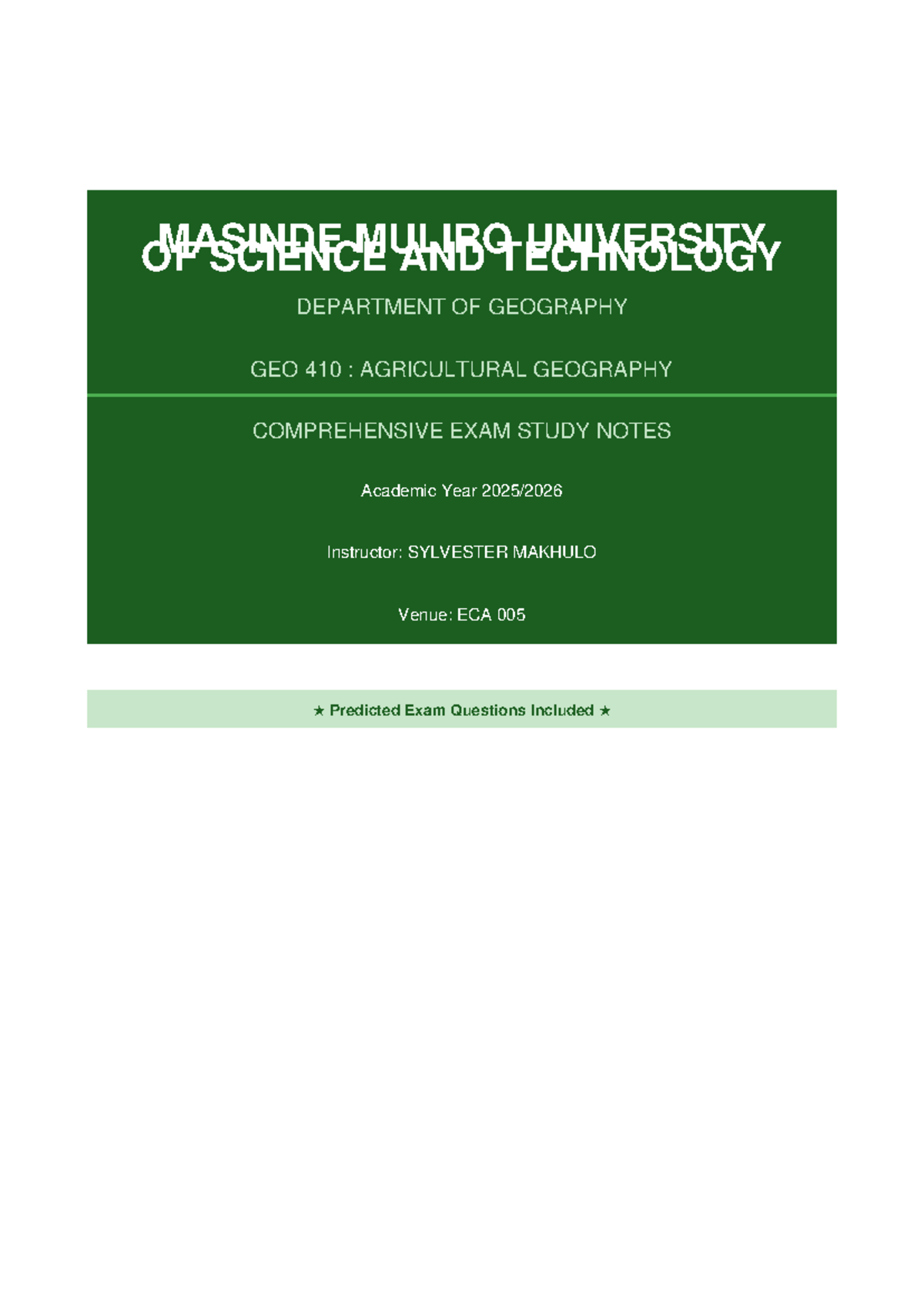 GEO 410: Agricultural Geography Comprehensive Exam Study Notes - Studocu
