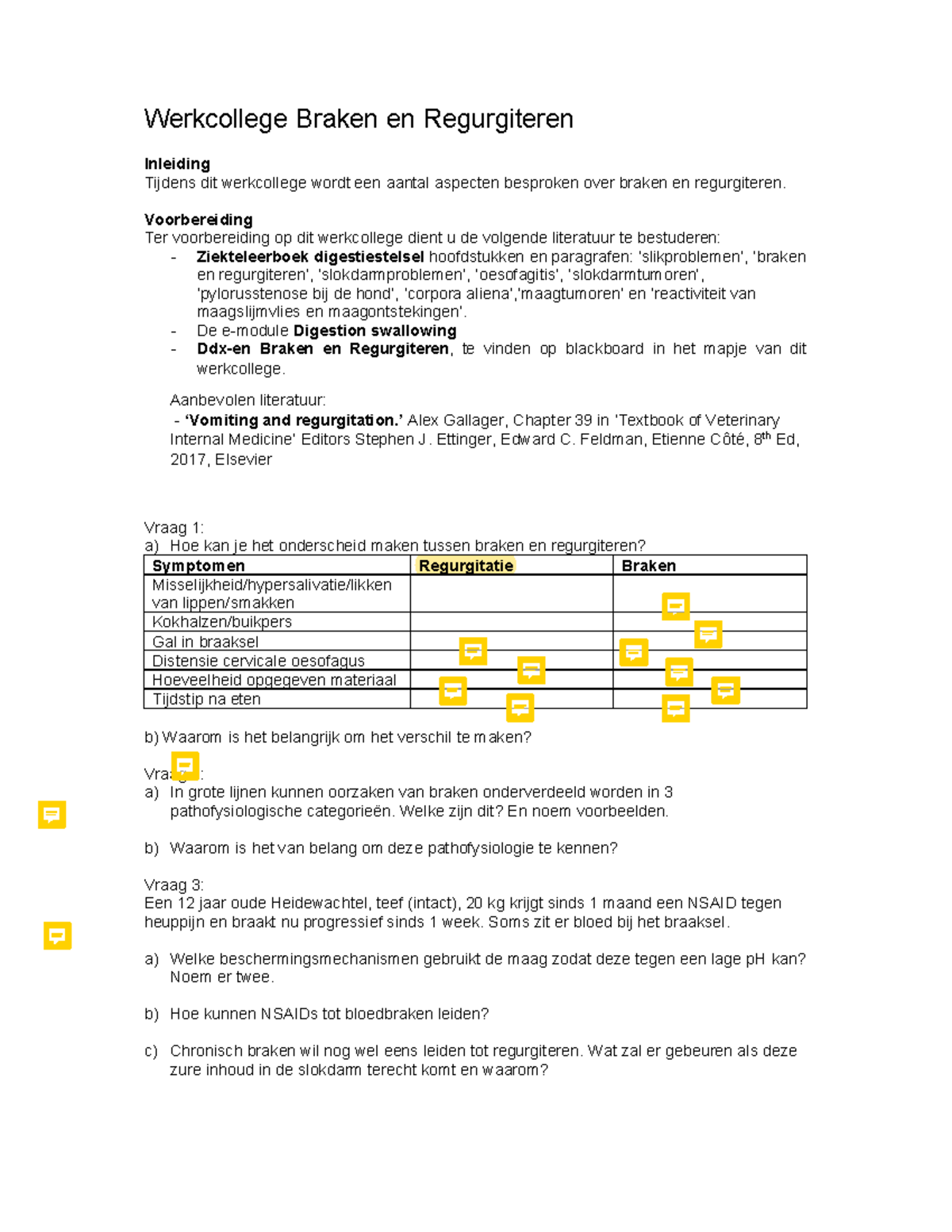 Werkcollege WC Braken en Regurgiteren: Inleiding en Vragen - Studeersnel