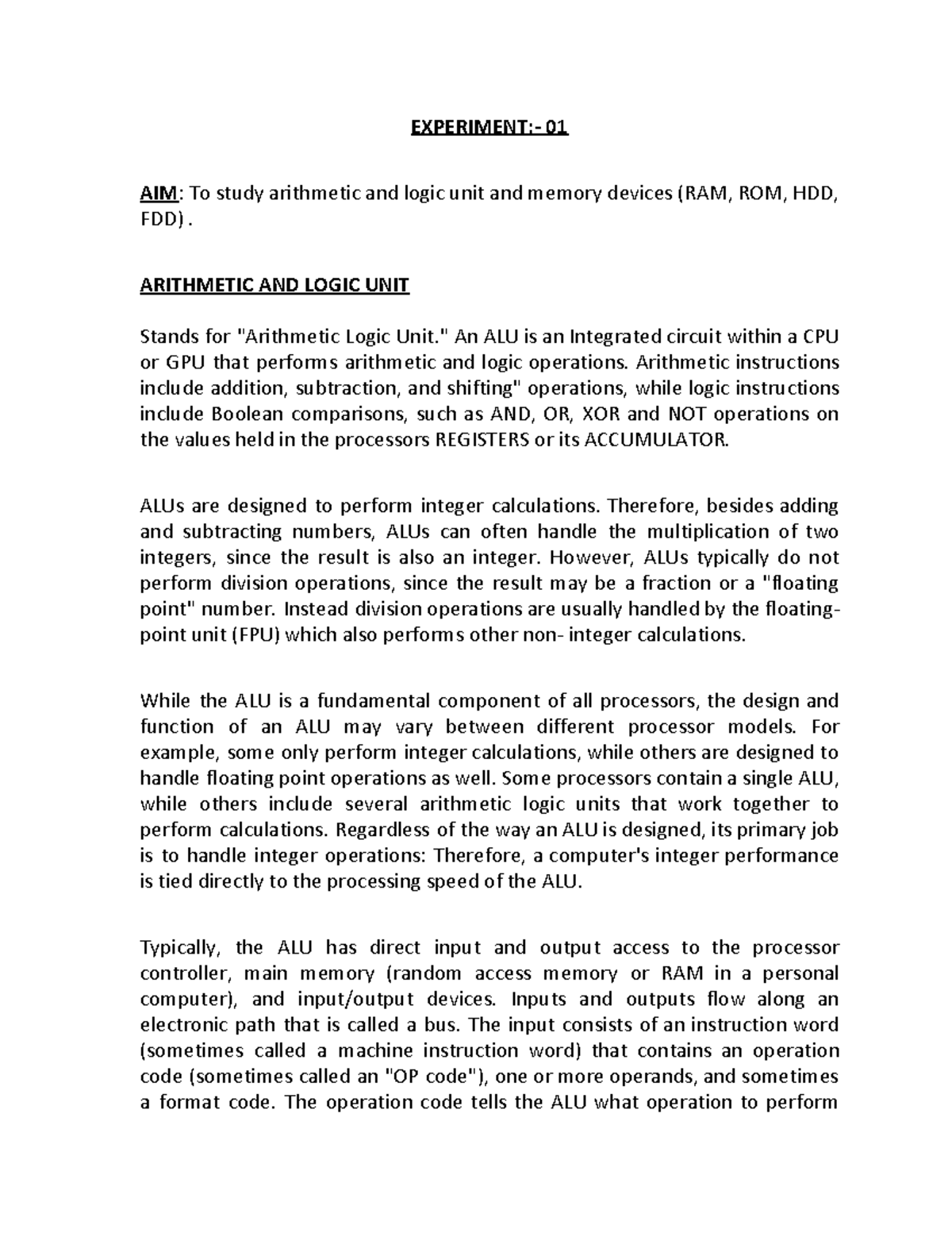 Computer Architecture Lab File: Arithmetic Circuits & Memory Devices ...