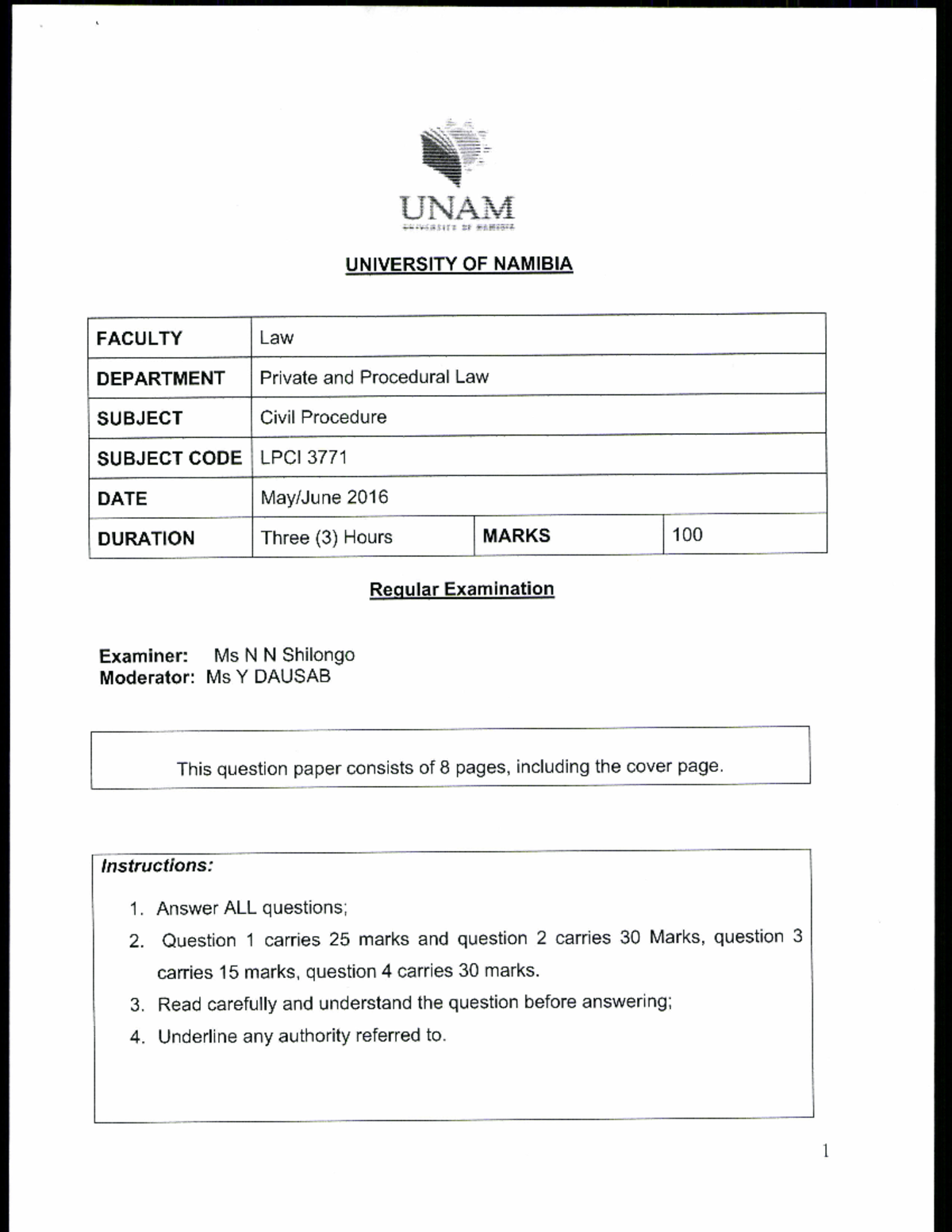 LPC! 3771 2016 Final Exam Paper - Civil Procedure Questions - Studocu