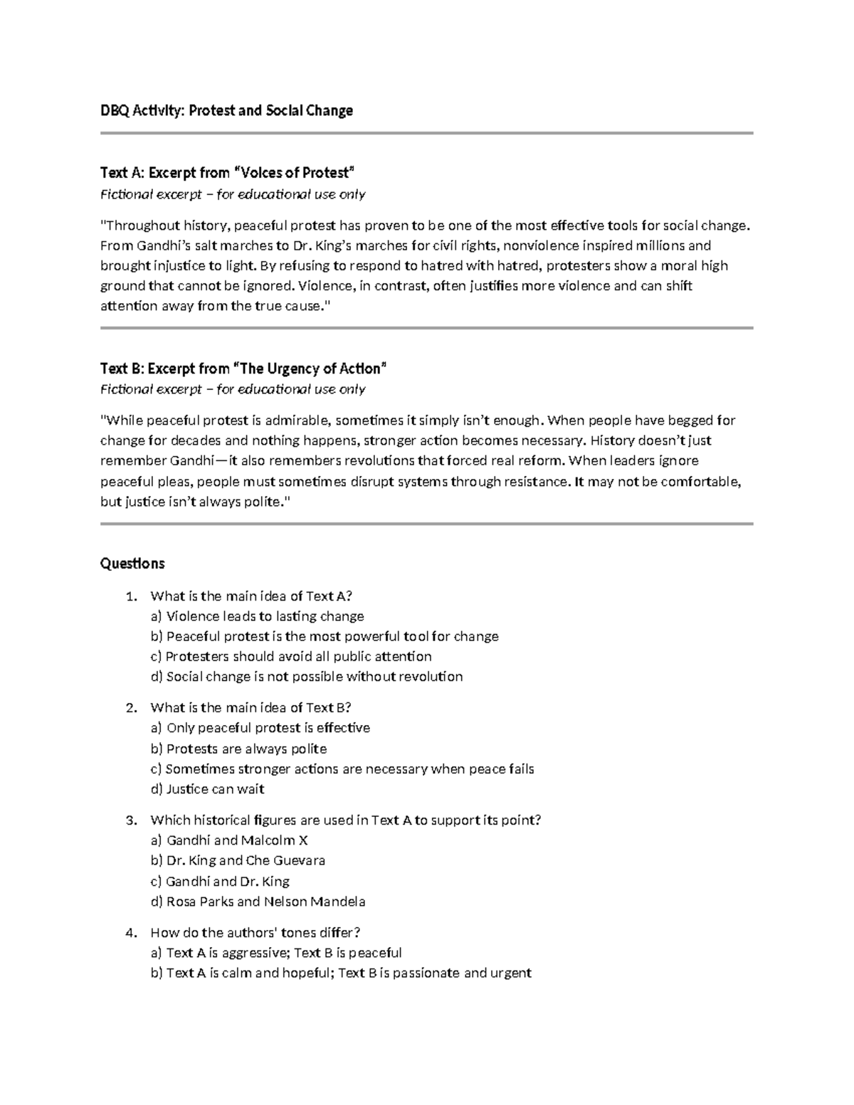 DBQ Activity: Protest & Social Change Analysis Questions and Activities ...