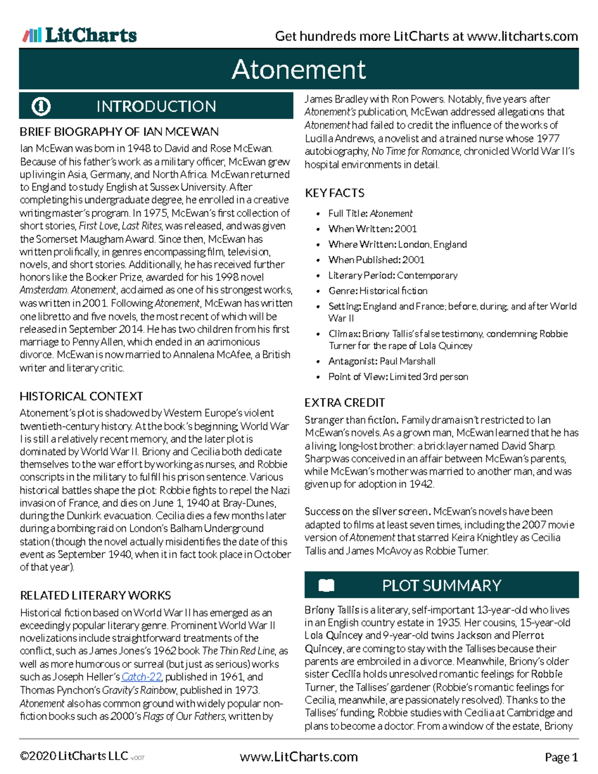 Atonement (ENG 101) - Comprehensive Lit Chart Notes - Studocu