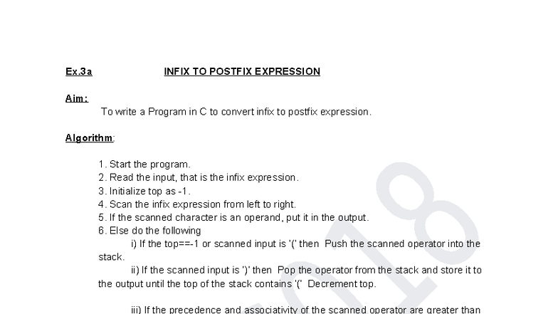EX3 - Lab Manual: Infix to Postfix Conversion & Evaluation - Studocu