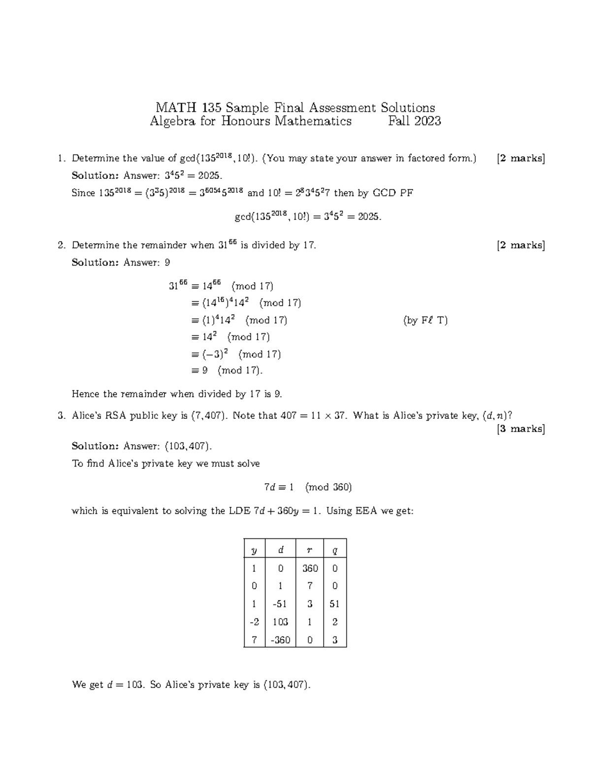 MATH 135 Final Exam Sample Solutions: Algebra for Honours Mathematics ...