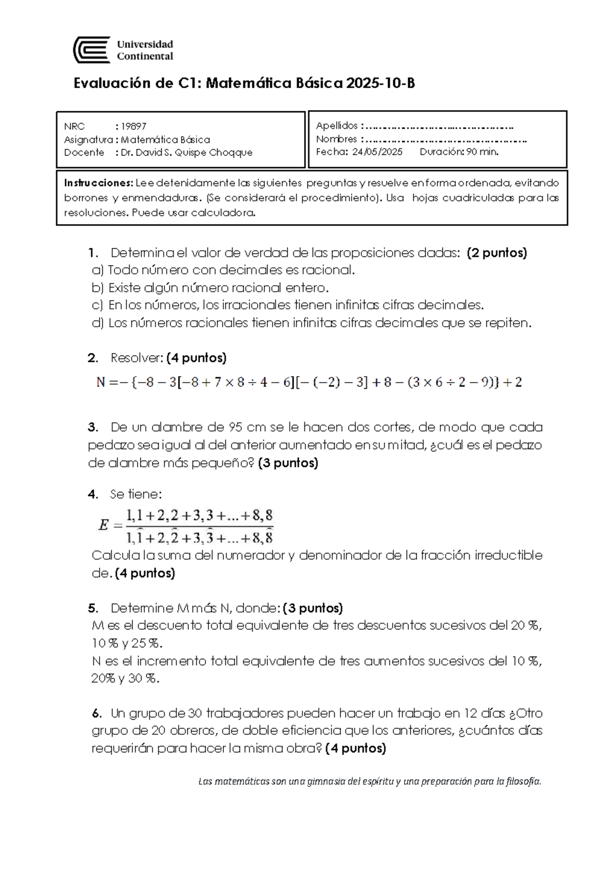 Prueba Consolidado 01: Evaluación de Matemática Básica NRC 19897 - Document Preview