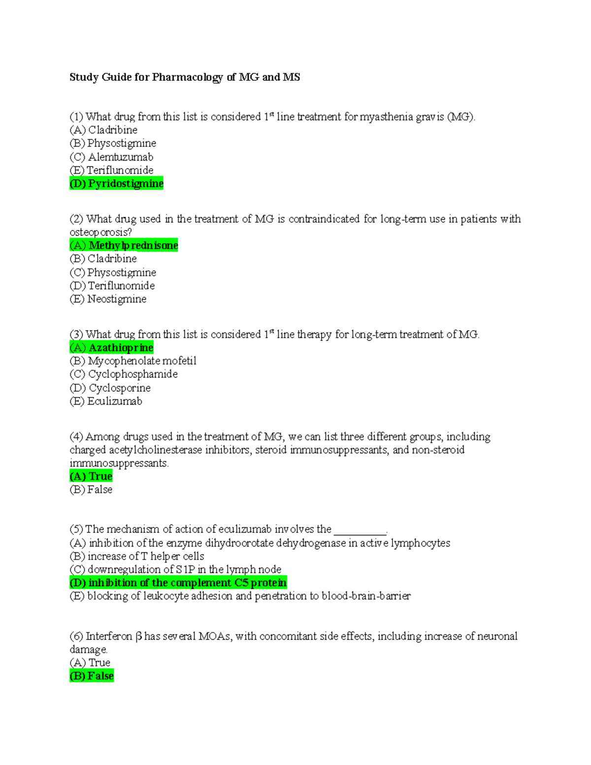 Study Guide for Pharmacology of MG and ME answers - Study Guide for ...