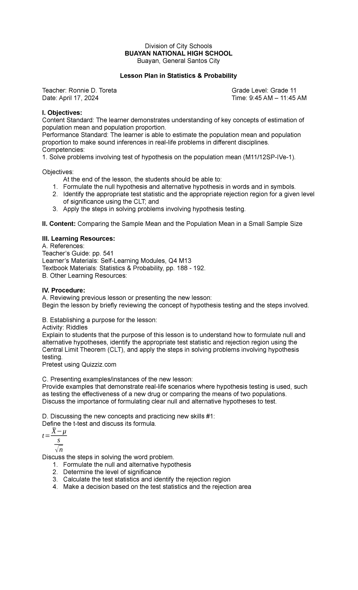 Lesson Plan in Statistics & Probability (CO 2) for Grade 11 - Studocu
